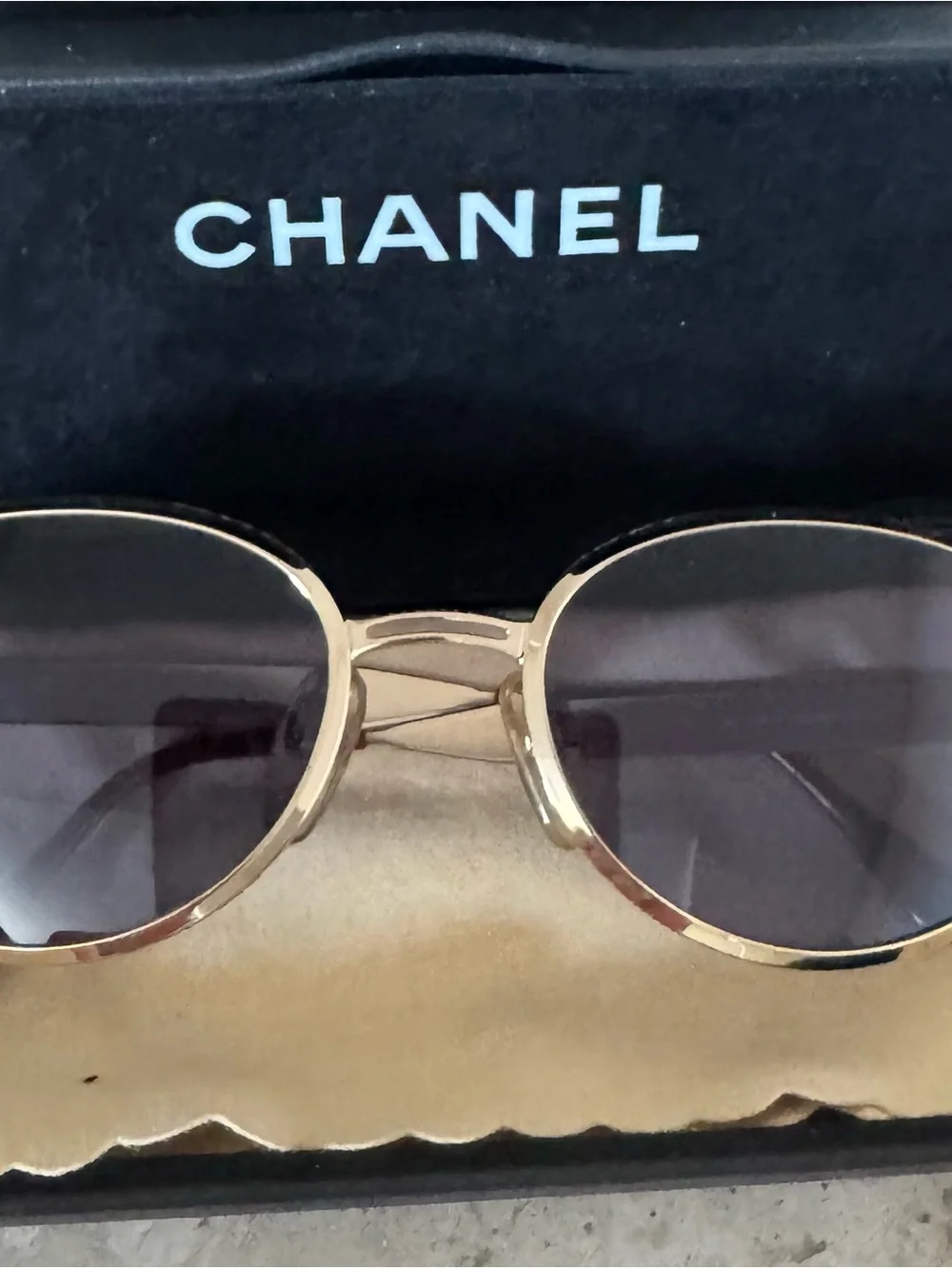 CHANEL Vintage Gold Frame Oval Smoke Lens Sunglasses